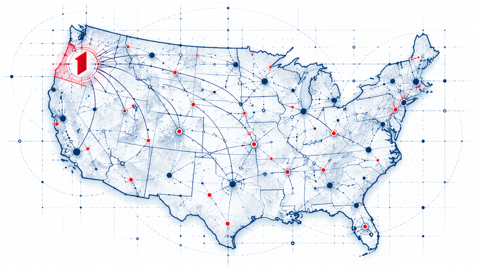 Blueprint-style national network expanding from Oregon across the United States