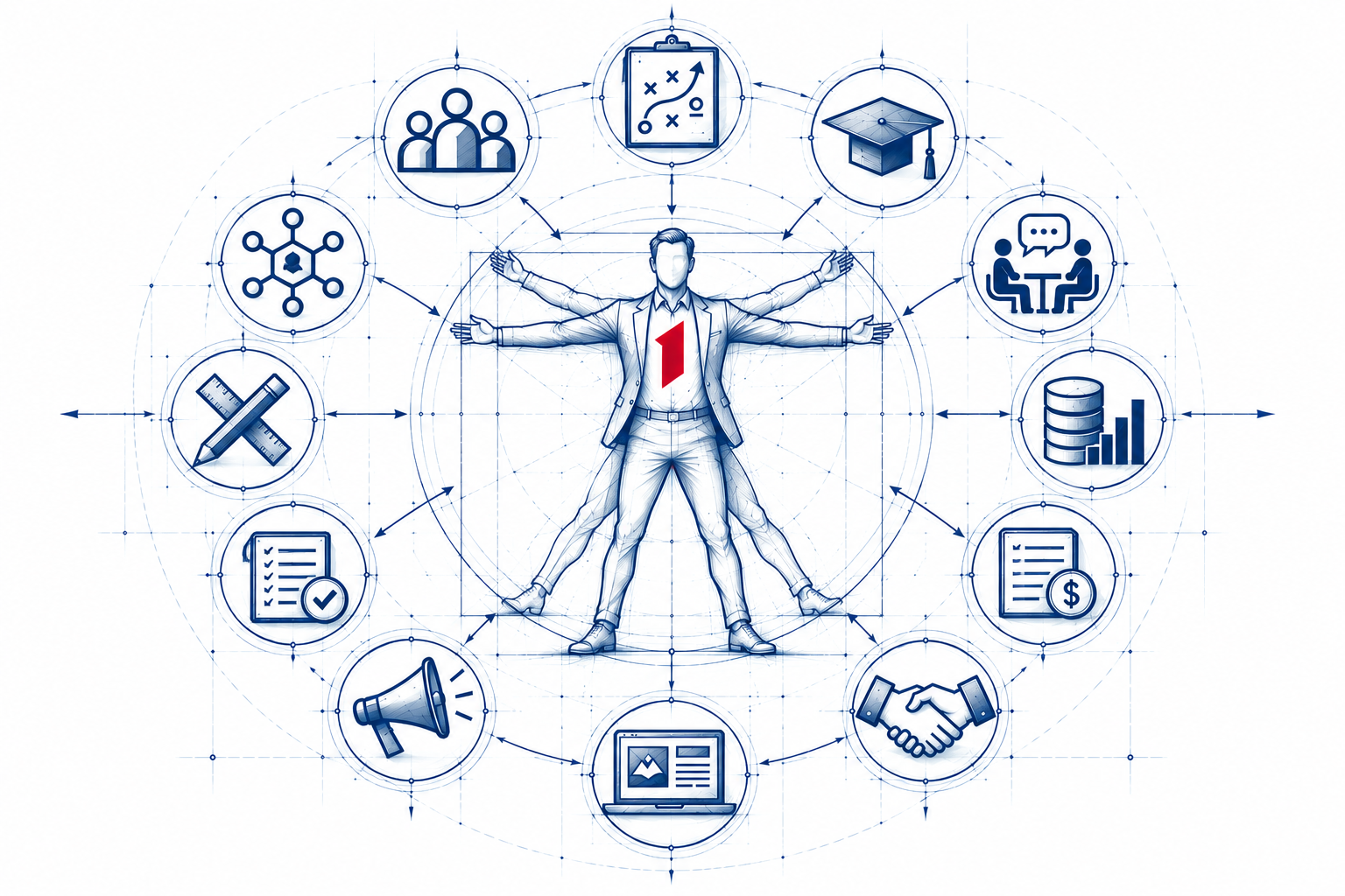 Blueprint-style candidate centered within a complete campaign support system